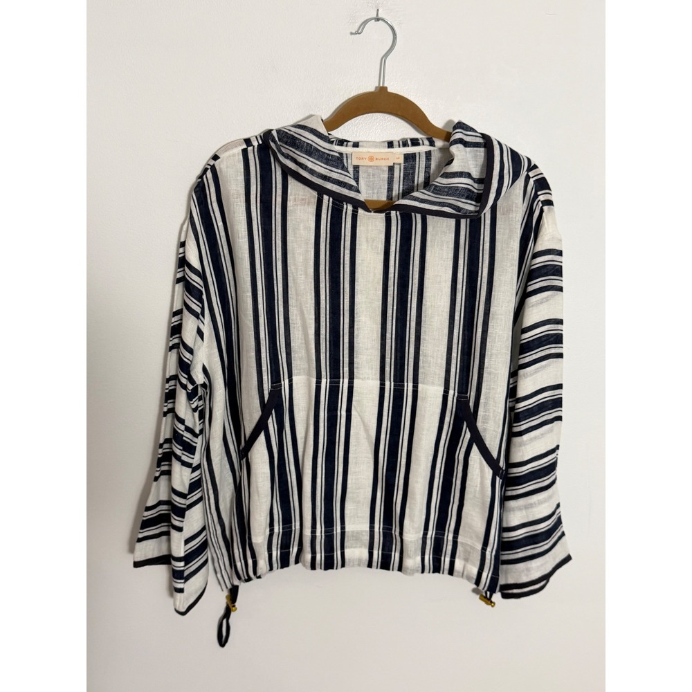 Tory Burch Striped Linen Hoodie Pullover Navy White Size S Women Pocket Beach